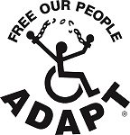 Adapt Logo - A person in a wheelchair breaking free of their chains, with the text Free Our People surrounding them.